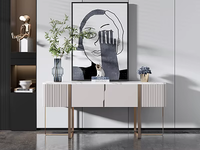 Modern Console Table With Marble Top Golden Legs Abstract Portrait Painting And Green Plant 3d model