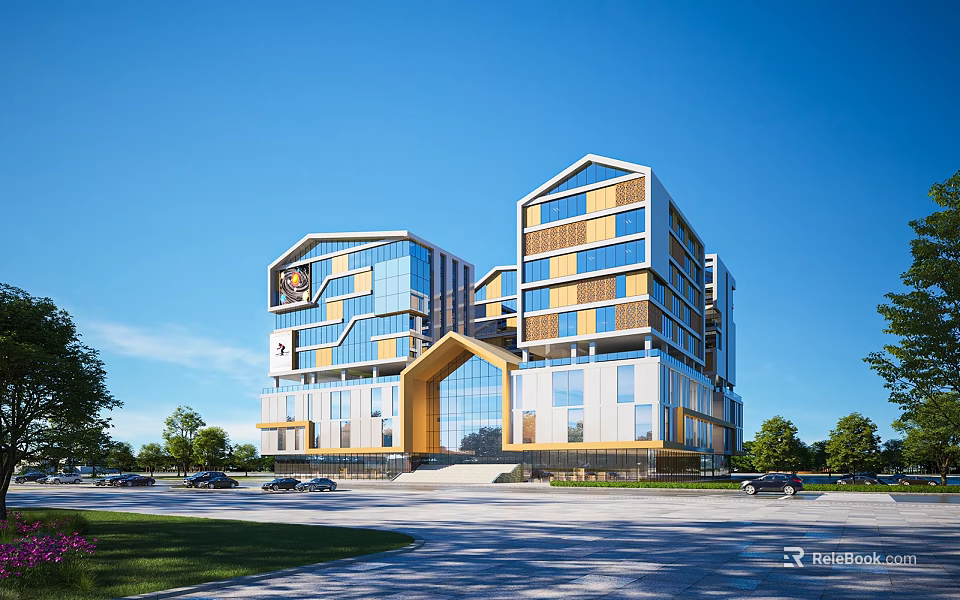 Modern School Building Exterior Design With Geometric Architecture Glass Curtain Walls And Green Trees 3d model 