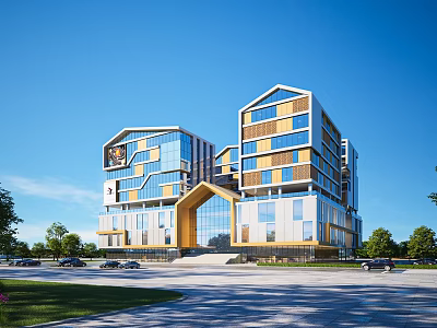 Modern School Building Exterior Design With Geometric Architecture Glass Curtain Walls And Green Trees 3d model