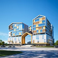 Modern School Building Exterior Design With Geometric Architecture Glass Curtain Walls And Green Trees