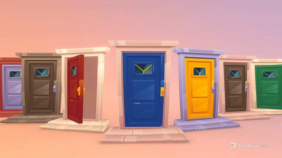 Colorful Front Doors With Frames And Steps On Gradient Pink Orange Background 3d model 