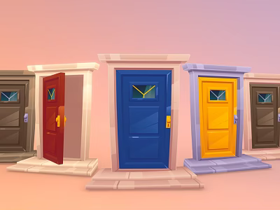 Colorful Front Doors With Frames And Steps On Gradient Pink Orange Background 3d model