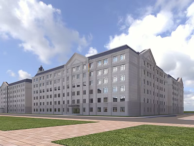 Traditional School Building Exterior With Gabled Roof Multiple Windows Green Lawn And Blue Sky 3d model