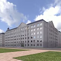 Traditional School Building Exterior With Gabled Roof Multiple Windows Green Lawn And Blue Sky