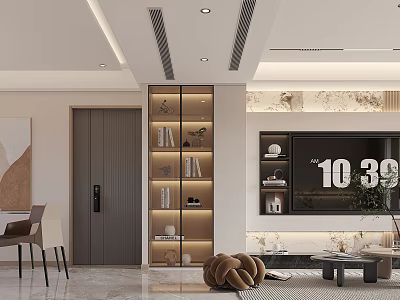 Modern Living Dining Room Interior With TV Wall Bookshelf And Decorative Lighting 3d model