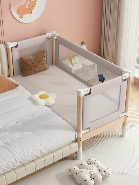 Kids Bed With Mesh Safety Rail Beige Pillow And Flower Shaped Plush Toy Light Design 3d model 