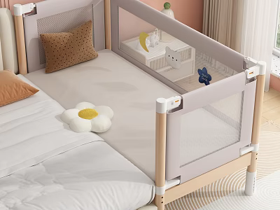 Kids Bed With Mesh Safety Rail Beige Pillow And Flower Shaped Plush Toy Light Design 3d model