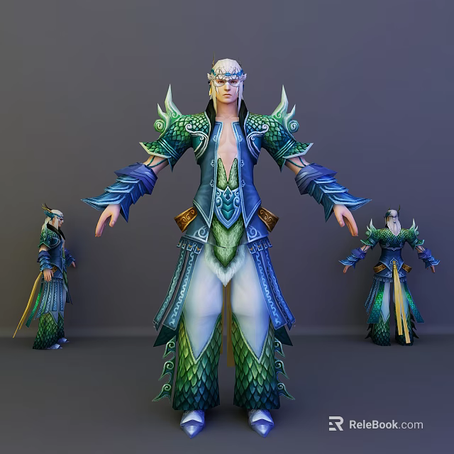 Fantasy Game Movie Character 3D Model With Elaborate Blue Green Costume And Dragon Scale Design 3d model 
