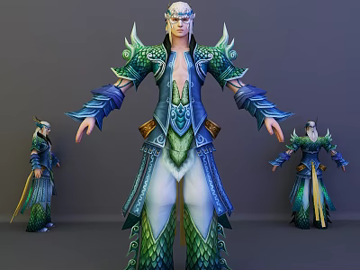 Fantasy Game Movie Character 3D Model With Elaborate Blue Green Costume And Dragon Scale Design 3d model
