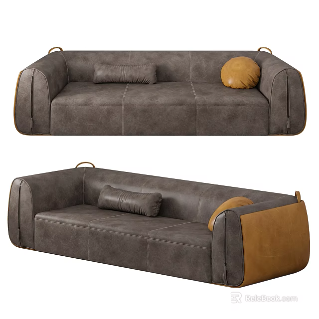 Gray Leather Three Seater Sofa With Gray And Yellow Cushions And Brown Side Design 3d model 