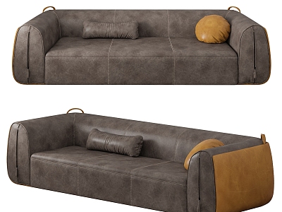 Modern Grey True Leather Three-Seat Sofa 3d model