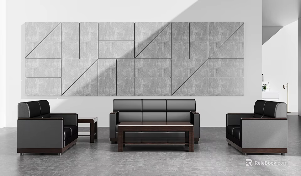 Modern Sofa And Coffee Table Set With Dark Upholstery Armchairs And Geometric Patterned Wall 3d model