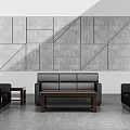 Modern Sofa And Coffee Table Set With Dark Upholstery Armchairs And Geometric Patterned Wall 3d model
