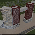 Twin Modern Office Buildings With Red Beige Facade And Connecting Glass Bridge