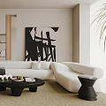 Modern Minimalist Living Room Interior With White L Shaped Sofa Black Armchairs And Abstract Art
