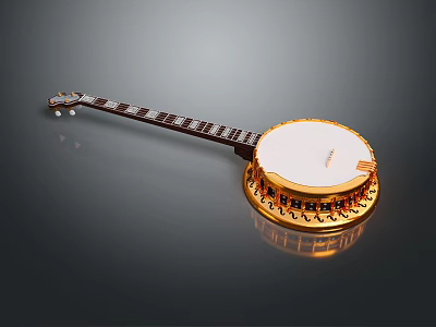 Artistic Banjo Instrument With Golden Decorative Body White Panel And Reflective Surface 3d model