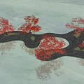 Several Red Leaf Arbor Trees On Wavy Platforms With Water Reflections Under Blue Sky