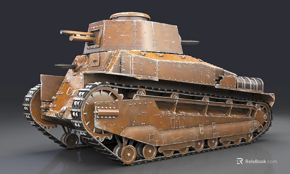 Rusted Vintage Tank With Riveted Armor Tracks And Turret Cannon 3d model 