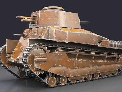 Rusted Vintage Tank With Riveted Armor Tracks And Turret Cannon 3d model