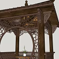 Elegant Traditional Chinese Wooden Pavilion With Ornate Carved Decorations Bench And Lantern