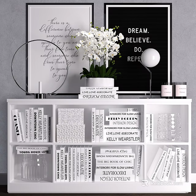 Decorative Ornament Set With White Orchids Round Mirror Books And Candles For Home Shelf Styling 3d model 