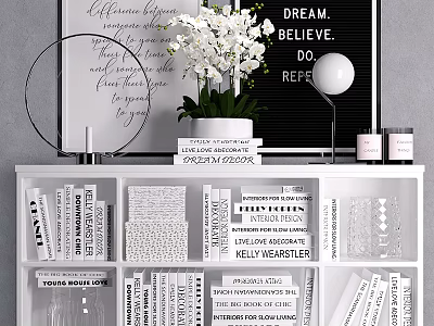 Decorative Ornament Set With White Orchids Round Mirror Books And Candles For Home Shelf Styling 3d model