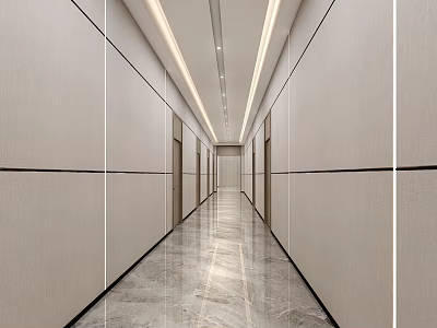 Modern Elevator Hallway With Light Colored Walls Marble Flooring Linear Ceiling Lights And Spacious Design 3d model