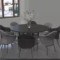 Modern Round Dining Table Set With Textured Chairs And Flower Vase 3d model