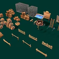Wooden Craft Items Collection with Barrels Fences Ladders Crates and Logs for Scenes