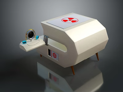 White Device Featuring Radiation Symbol And Red Warning Sign On Tabletop Stand 3d model