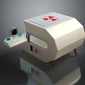 White Device Featuring Radiation Symbol And Red Warning Sign On Tabletop Stand 3d model