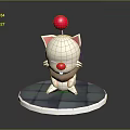 Cute Cartoon Cat Character 3D Model With Red Ball Pink Ears And Blue Checkered Base