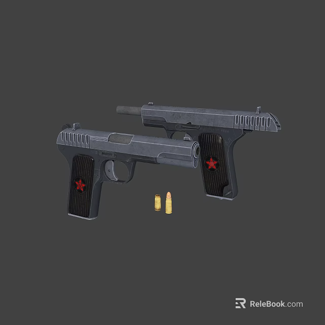 Two Handguns With Red Star Symbols On Grips And Ammunition On Gray Background 3d model 
