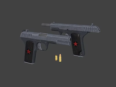 Two Handguns With Red Star Symbols On Grips And Ammunition On Gray Background 3d model