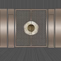 Modern Entrance Door With Metal Lattice Panels And Circular Central Motif