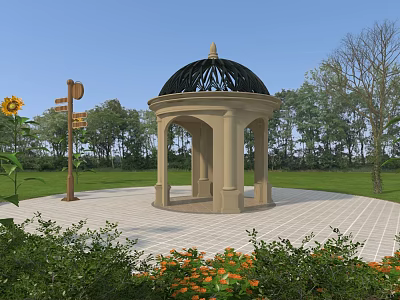 Outdoor Garden Gazebo With Stone Columns Black Roof Signpost Green Grass And Trees 3d model