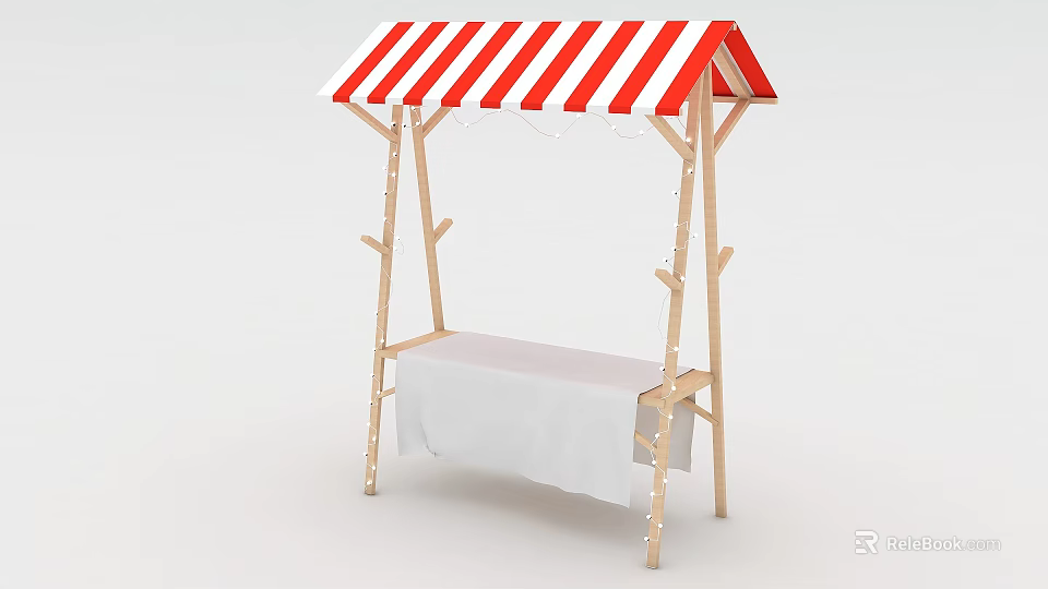 Wooden Market Stall With Red White Striped Awning And White Cloth Table 3d model 