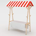 Wooden Market Stall With Red White Striped Awning And White Cloth Table