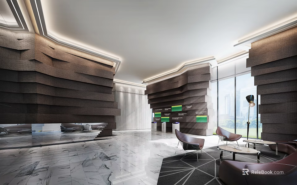 Modern Lobby Front Desk With Wavy Textured Walls Marble Flooring And Seating Area 3d model 