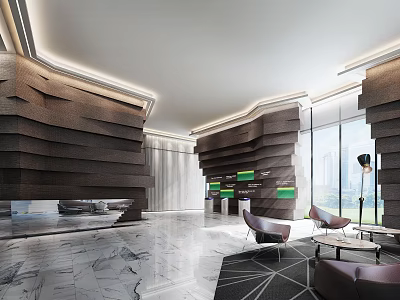 Modern Lobby Front Desk With Wavy Textured Walls Marble Flooring And Seating Area 3d model