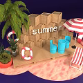 Summer Scene With Palm Tree Lifebuoy Striped Umbrella Deck Chair Wooden Crates And Blue Barrels