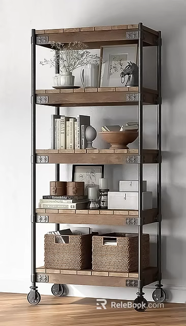 Multi tiered Wooden Metal Shelf Unit With Books Decorative Items And Storage Boxes 3d model 