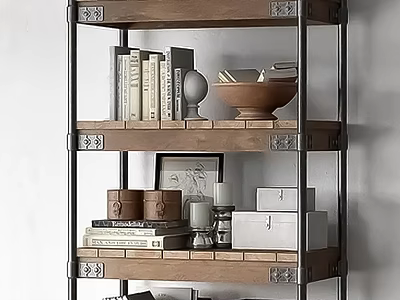 Multi tiered Wooden Metal Shelf Unit With Books Decorative Items And Storage Boxes 3d model