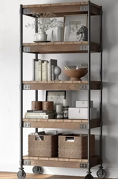 Multi tiered Wooden Metal Shelf Unit With Books Decorative Items And Storage Boxes 3d model