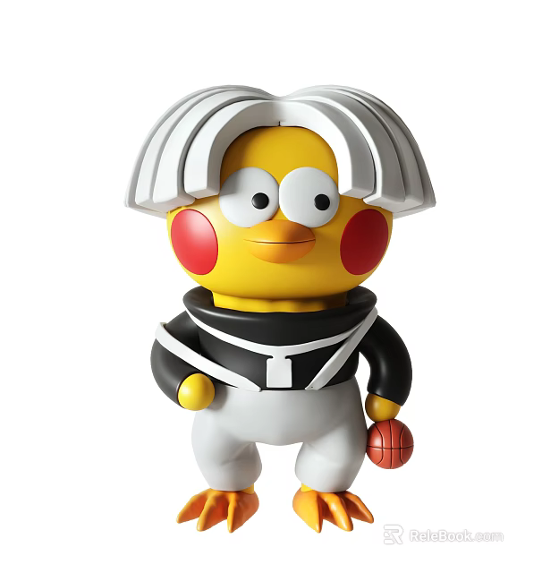 Yellow Cartoon Character With White Hair Red Cheeks Black And White Outfit Holding Basketball Figurine 3d model 