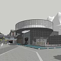 Modern Commercial Street With Circular Glass Building Green Trees And Pedestrian Area