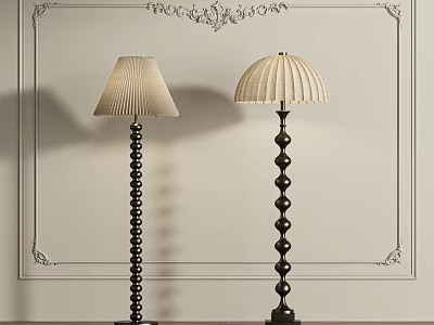 Two Black Spiral Beaded Floor Lamps with Beige Pleated Shades on White Decorative Border Wall 3d model