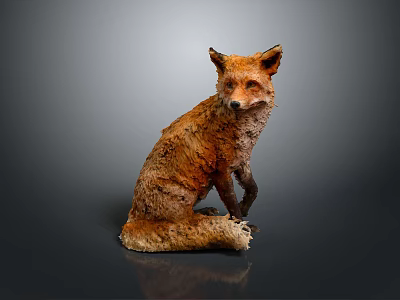 Realistic Red Fox Sculpture Sitting With Textured Fur And Reflection On Gray Background 3d model