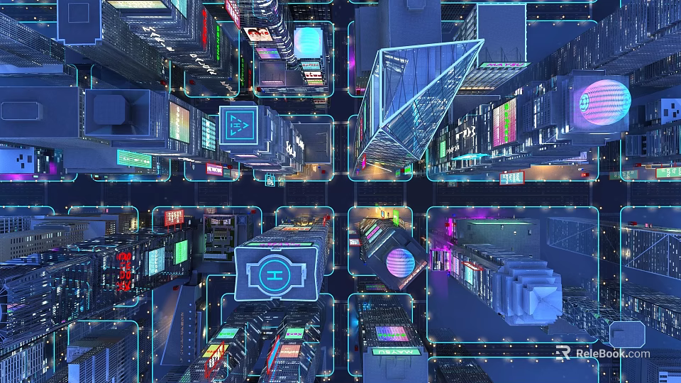 Aerial Urban Planning With Futuristic Architecture Digital Grid Layout And Illuminated High Rise Structures 3d model 