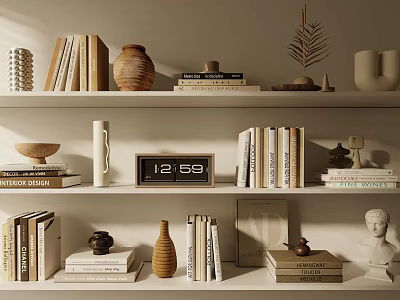 Stylish Decorative Ornaments Collection On Shelves With Books Vase Sculpture And Clock 3d model